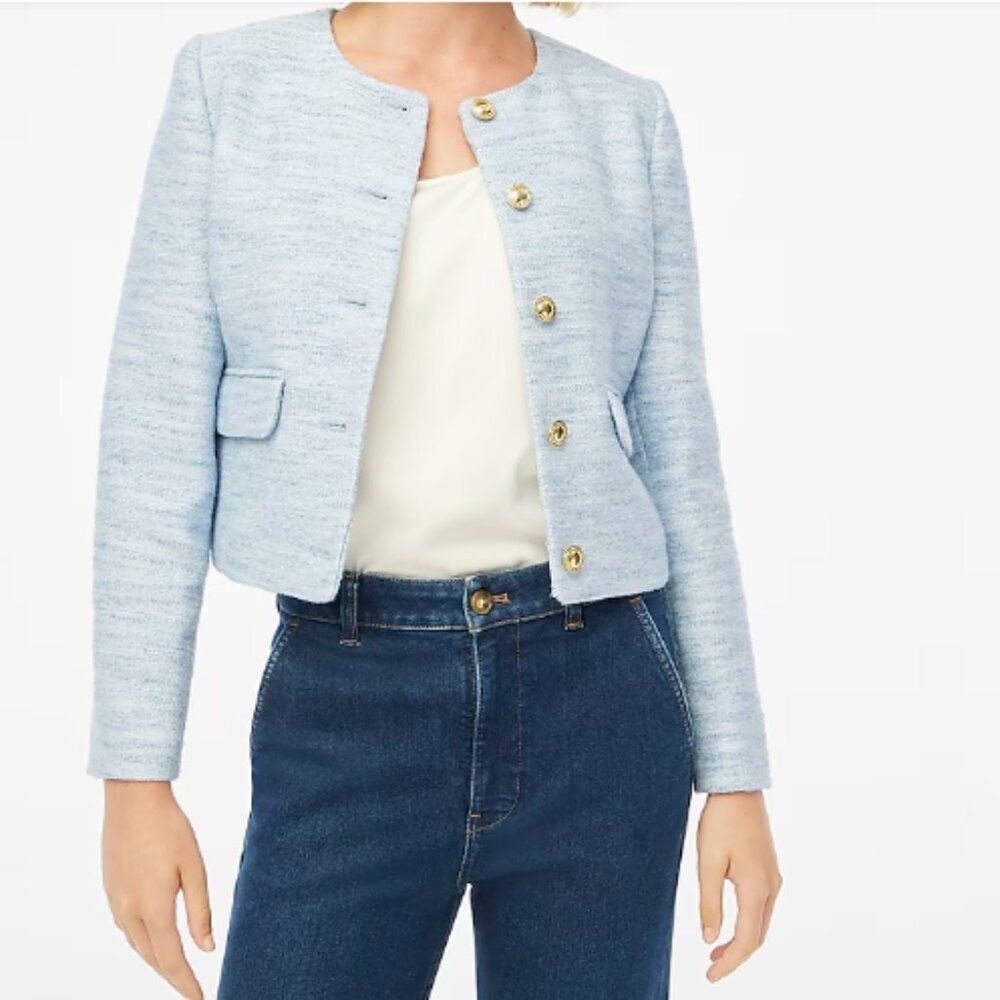 J Crew Women's Blazer Classic Blue Tweed Lined Short Coat Button Front Jacket